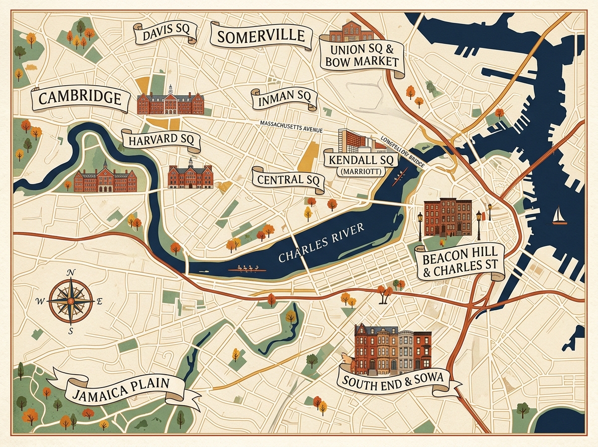 Illustrated Map of Boston, Cambridge, and Somerville Districts